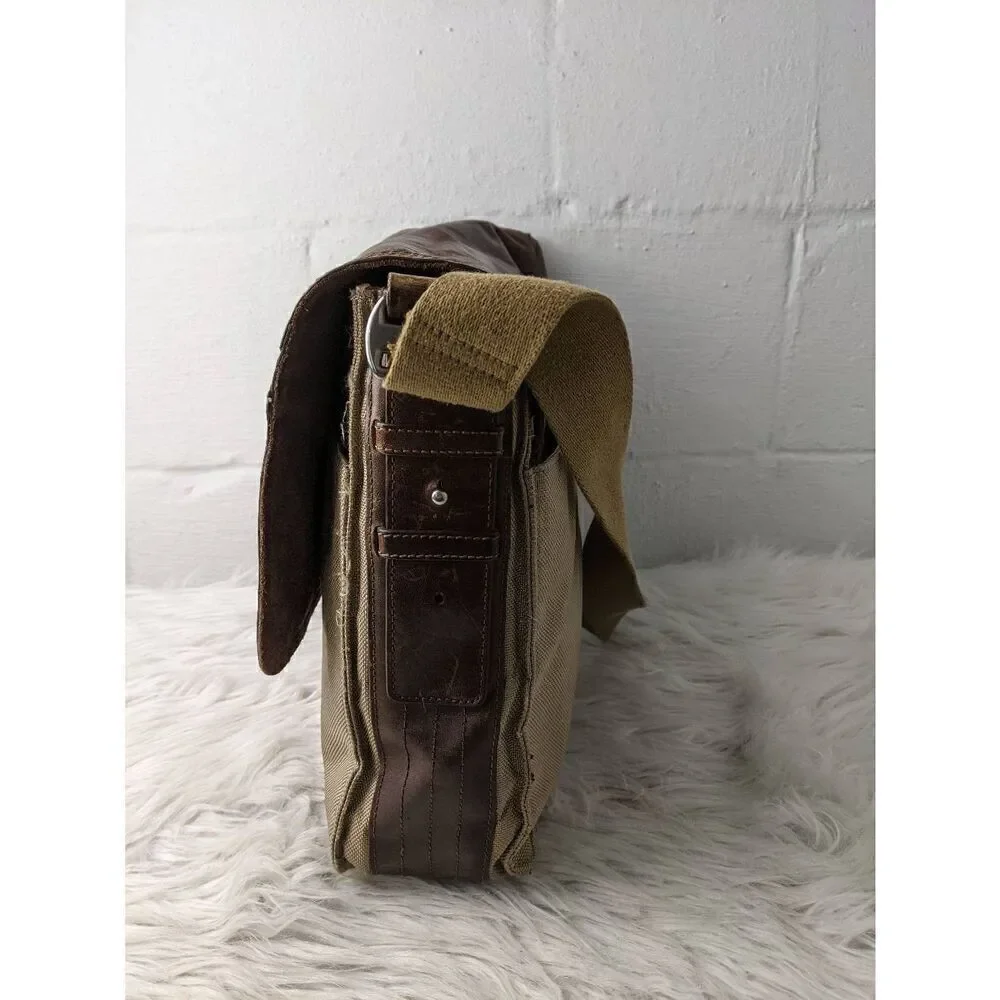 Fossil Messanger Bag Khaki Canvas Brown Leather Shoulder Strap Leather Detail Sn
